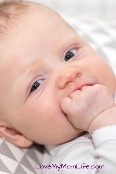 Baby showing signs of hunger by sucking on fist