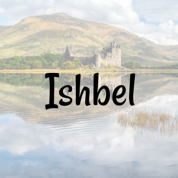 Baby Name "Ishbel" over castle and lake Scottish background