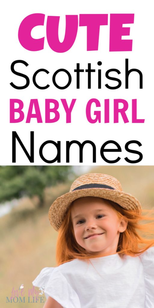 "Cute Scottish Baby Girl Names" written on top of image with a picture of a cute girl with reddish hear in a straw hat smiling at the camera.