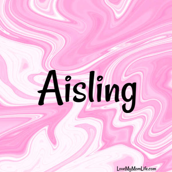 A square image with a pink and white marbled background and "Aisling" written in black