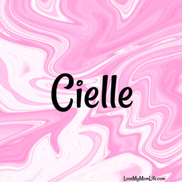 A square image with a pink and white marbled background and "Cielle" written in black