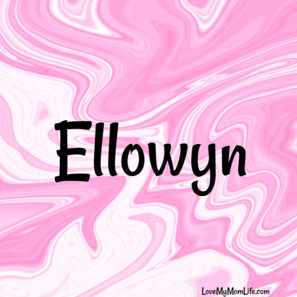 A square image with a pink and white marbled background and "Ellowyn" written in black