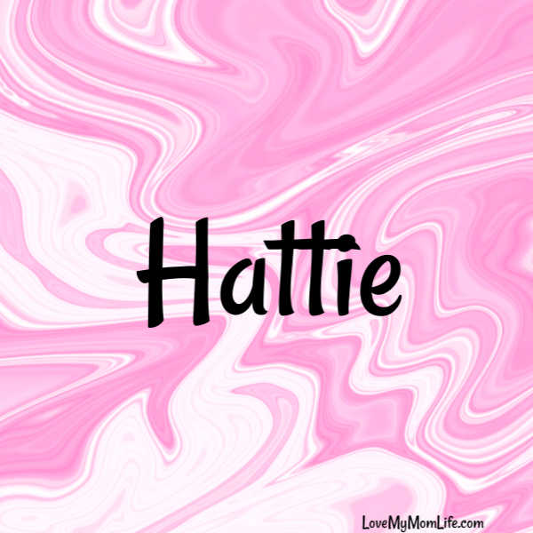 A square image with a pink and white marbled background and "Hattie" written in black