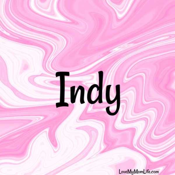 A square image with a pink and white marbled background and "Indy" written in black