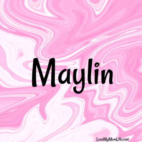 A square image with a pink and white marbled background and "Maylin" written in black