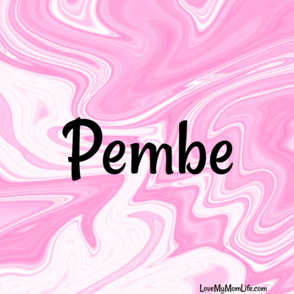 A square image with a pink and white marbled background and "Pembe" written in black